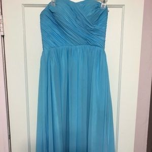 Blue full length strapless dress